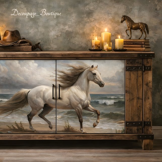 Papel De Seda Stallion blanco a orillas del mar (White Stallion By The Sea Decoupage Tissue Paper Mockup)