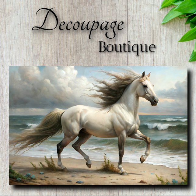 Papel De Seda Stallion blanco a orillas del mar (White Stallion By The Sea Decoupage Tissue Paper)