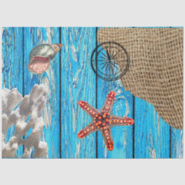 Papel De Seda Starfish Rústico Nautical Blue Wood