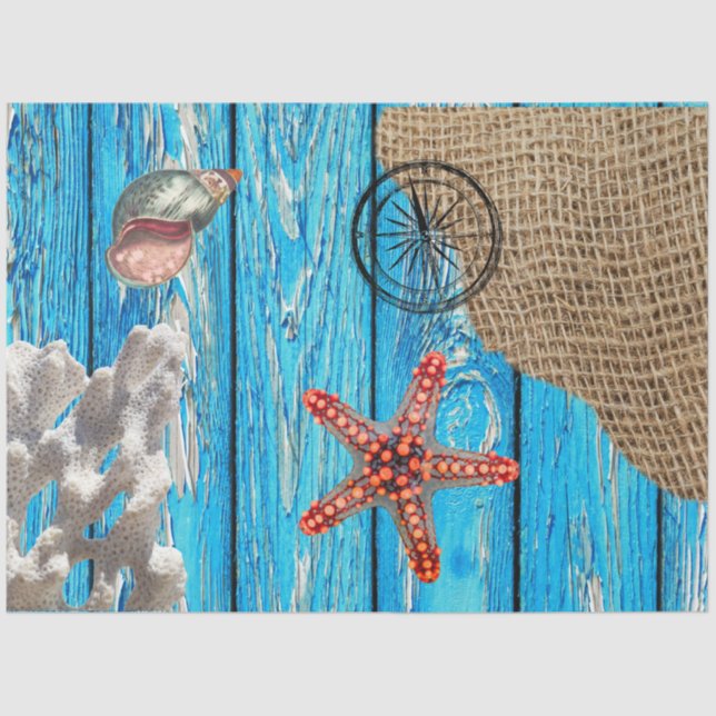 Papel De Seda Starfish Rústico Nautical Blue Wood (Anverso)