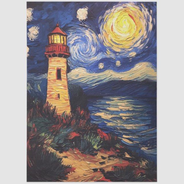 Papel De Seda Starry Night Lighthouse Painting Decoupage (Anverso)