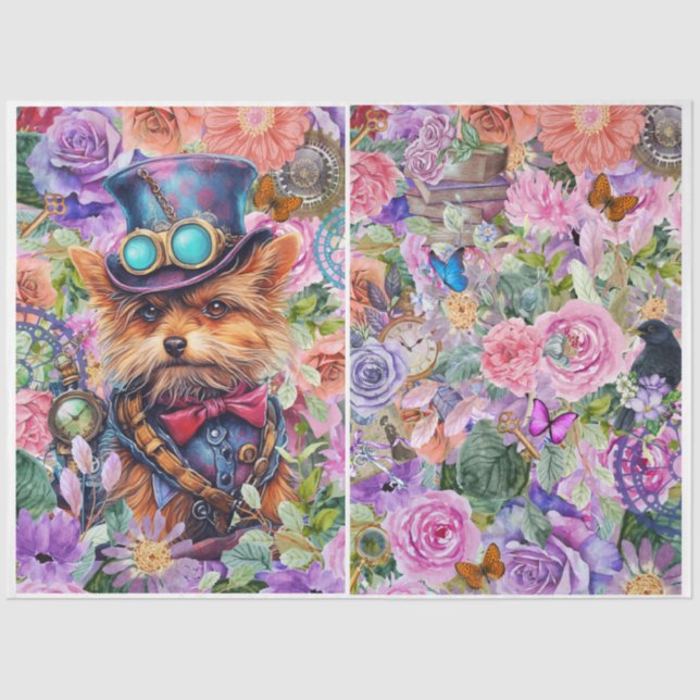 Papel De Seda Steampunk Floral Pup con fondo extra (Anverso)