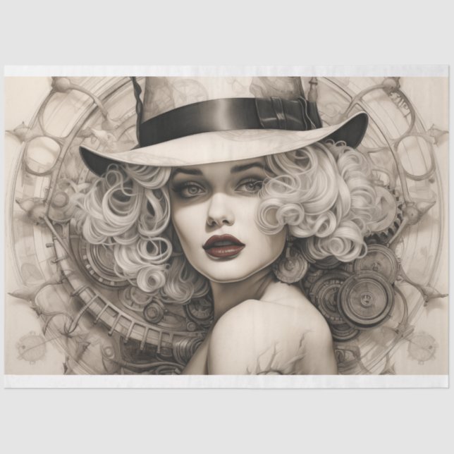 Papel De Seda Steampunk Sepia Blonde Lady Decoupage (Anverso)