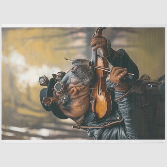 Papel De Seda Steampunk Whimsical Hippo Jugando Violín (Anverso)