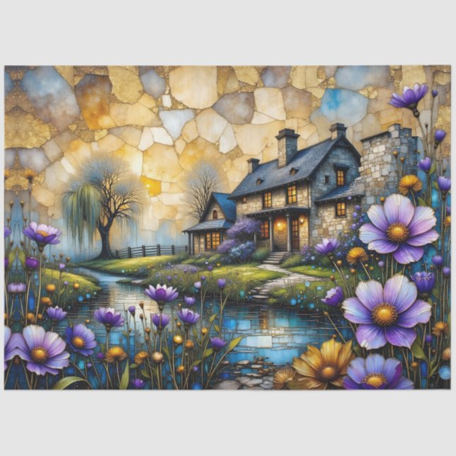 Papel De Seda Stone Country Farmhouse in Floral Landscape (Anverso)