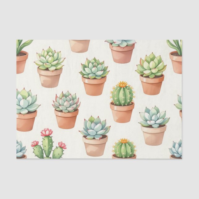 Papel De Seda Succulent Plants Seamless Pattern Terracotta Pots (Anverso)
