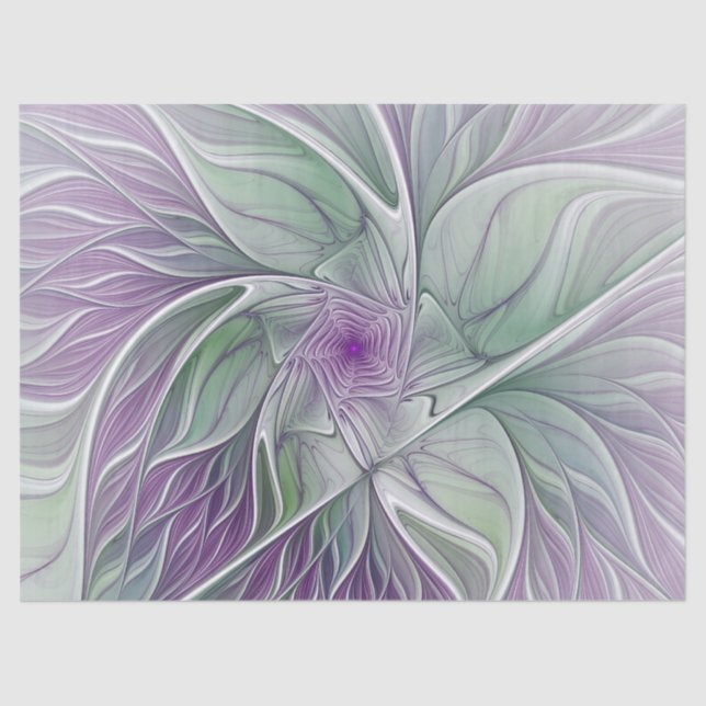 Papel De Seda Sueño de flores, abstracto arte fractal verde púrp (Anverso)