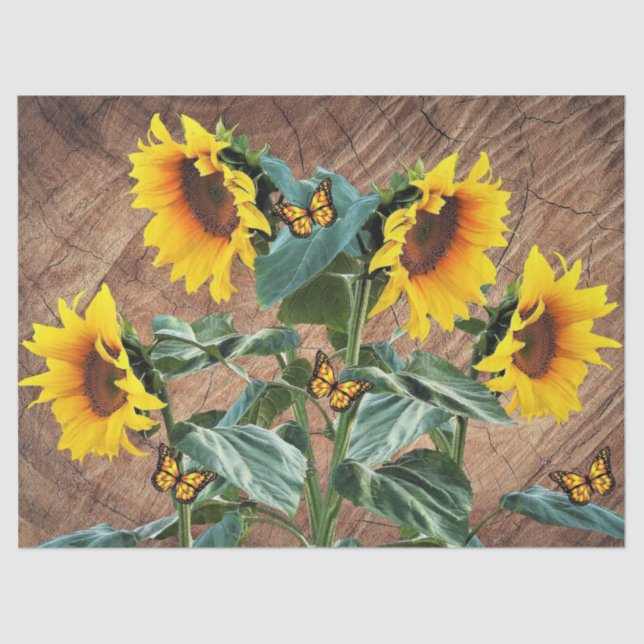 Papel De Seda Sunflowers Butterflies Rustic Barn Board (Anverso)