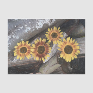 Papel De Seda Sunflowers On Logs Yellow Vintage Rustic