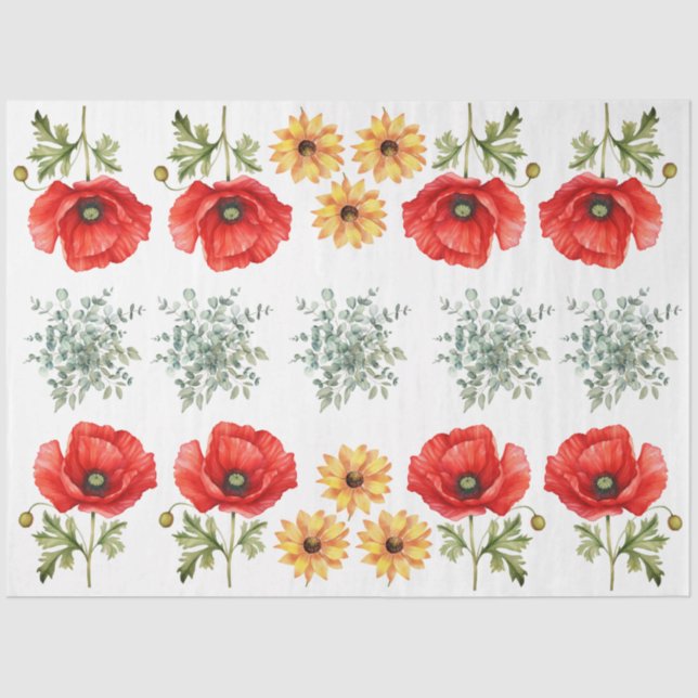 Papel De Seda Sunflowers, Red Poppies & Eucalyptus  Decoupage (Anverso)