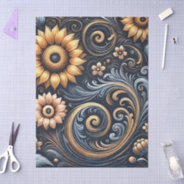 Papel De Seda Sunflowers & Swirls Navy Blue Gold Decoupage