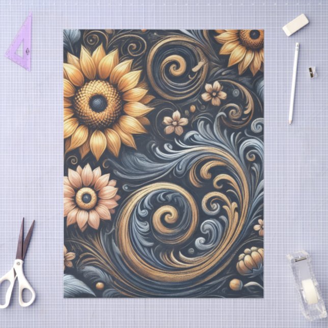 Papel De Seda Sunflowers & Swirls Navy Blue Gold Decoupage (Artesanía)