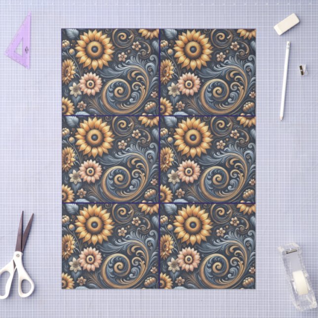 Papel De Seda Sunflowers & Swirls Navy Blue Gold Decoupage (Artesanía)