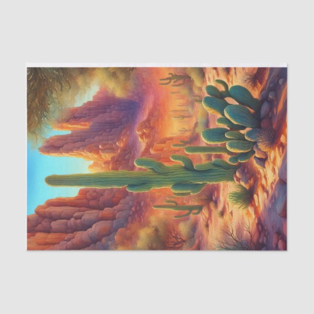 Papel De Seda Sunny Desert Cactus Cliff Landscape Decoupage (Anverso)
