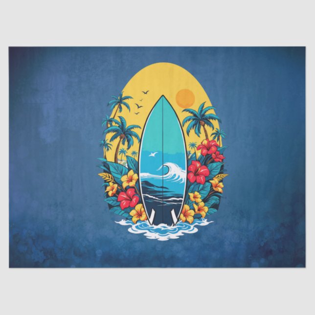 Papel De Seda Surfboard elegante con flores tropicales exuberant (Anverso)