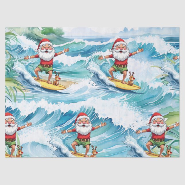 Papel De Seda Surfing Santa is on big wave in Hawaii  (Anverso)