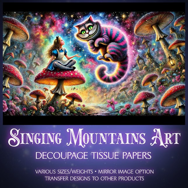 Papel De Seda Surreal Fantasy Mushrooms Alice and Cat (Subido por el creador)