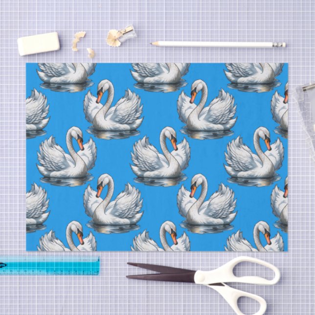 Papel De Seda Swan Birds Pattern Design On Blue  (Artesanía)
