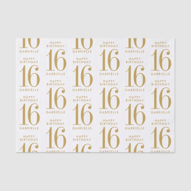 Papel De Seda Sweet 16 Happy Birthday Gold Name and Age (Anverso)