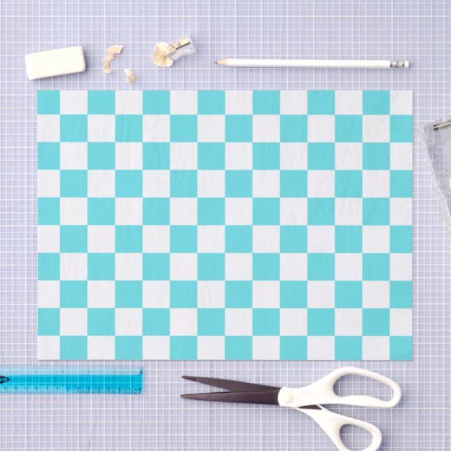 Papel De Seda Tablero de ajedrez clásico visual azul turquesa (Artesanía)