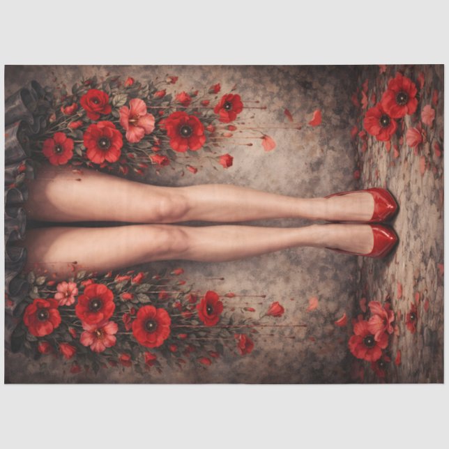 Papel De Seda Tacones Rojos y Amapolas Decoupage (Anverso)
