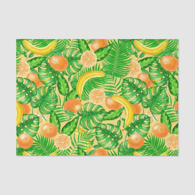 Papel De Seda Tangerinas, plátanos y hojas tropicales (Anverso)