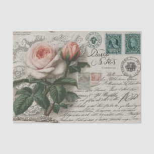 Papel De Seda tarjeta postal antigua, letra francesa, rosas