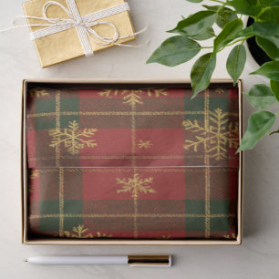 Papel De Seda Tartan Rojo Clásico con Copos de Nieve Dorados