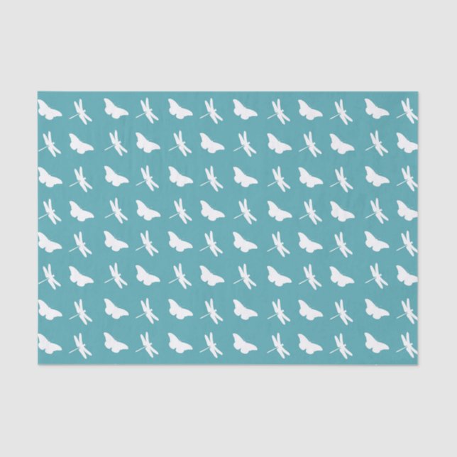 Papel De Seda Teal and White Butterfly and Dragonfly Pattern (Anverso)