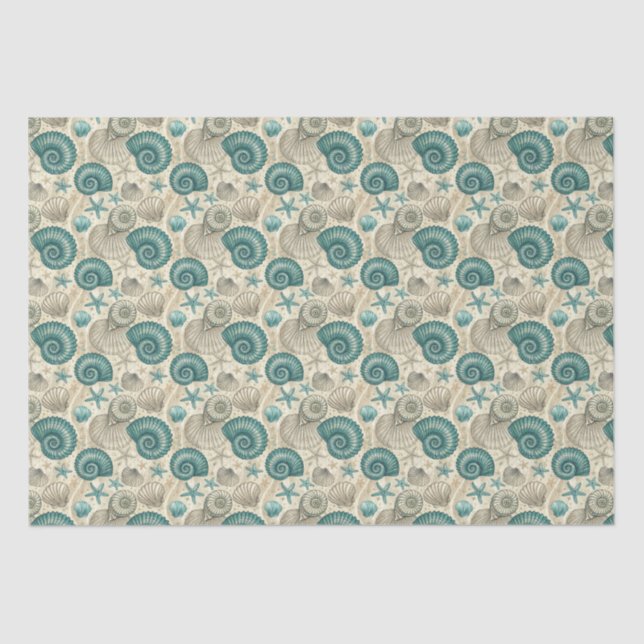 Papel De Seda Teal & Beige Beach Shells Pattern Decoupage (Anverso)