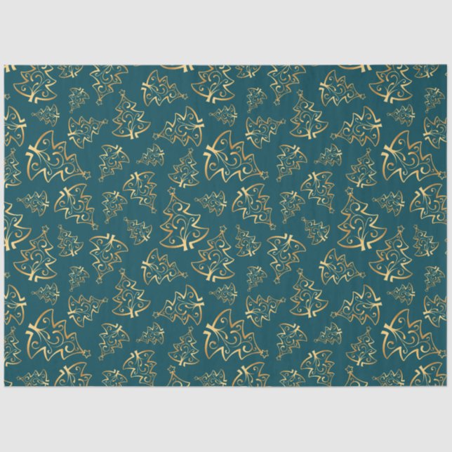 Papel De Seda Teal Blue and Gold Elegant Christmas Trees (Anverso)