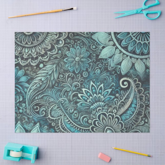 Papel De Seda Teal Blue Paisley Floral Pattern Decoupage (Artesanía)