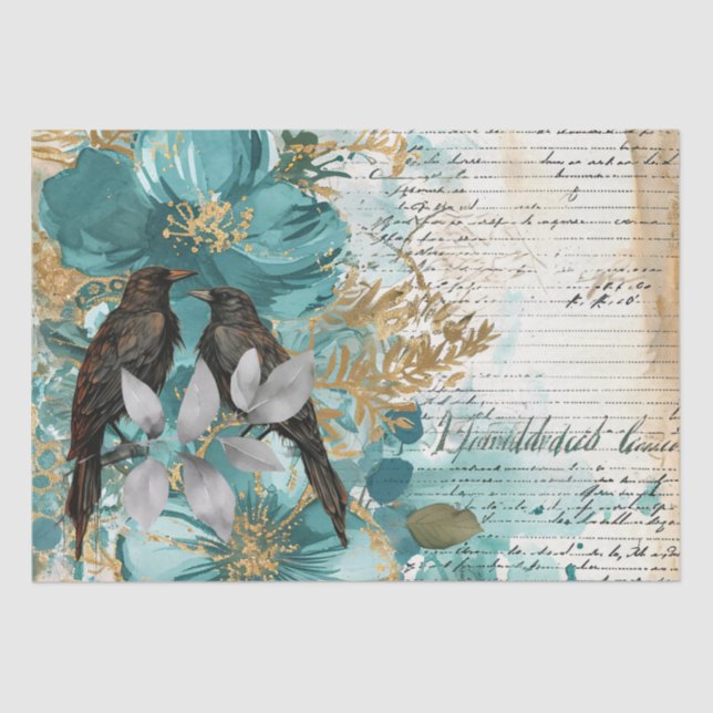 Papel De Seda Teal & Gold Distressed Floral & Ravens (Anverso)