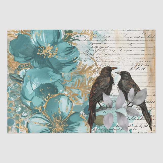 Papel De Seda Teal & Gold Distressed Floral & Ravens (Anverso)