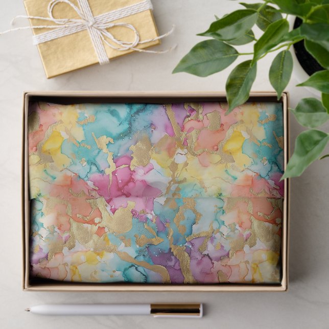 Papel De Seda Teal Turquoise Aqua Blue Pink Purple Gold Marble (Regalo )