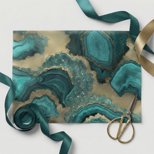 Papel De Seda Teal Turquoise Gold Glitter Agate Geode Marble (Subido por el creador)