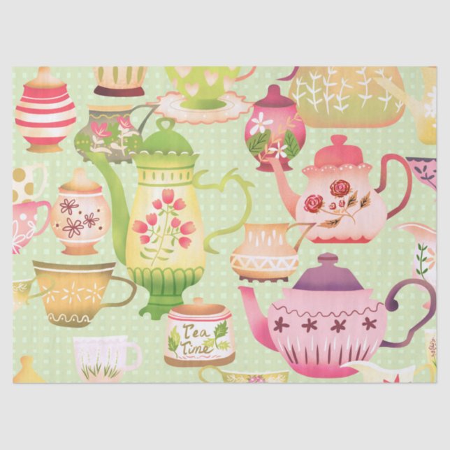 Papel De Seda Teapots Teacups Green (Anverso)