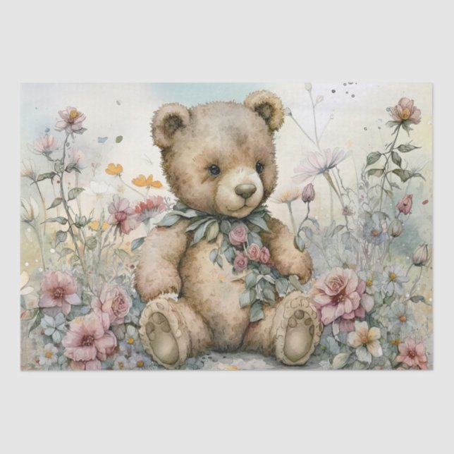 Papel De Seda Teddy Bear acuarela floral (Anverso)