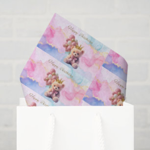 Papel De Seda Teddy Bear Rosa Bow Gold Crown Feliz cumpleaños