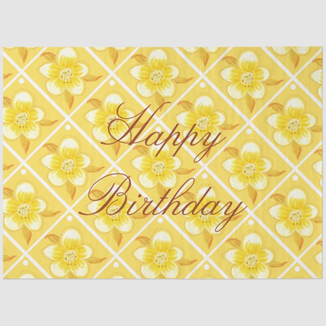 Papel De Seda Tejido de cumpleaños floral amarillo (Anverso)