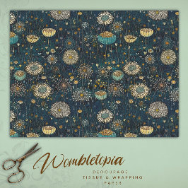 Papel De Seda Tejido de descomposición de flores azules y dorada