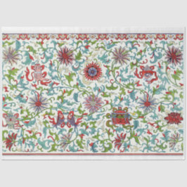 Papel De Seda Tejido de descomposición floral rojo, verde azulad