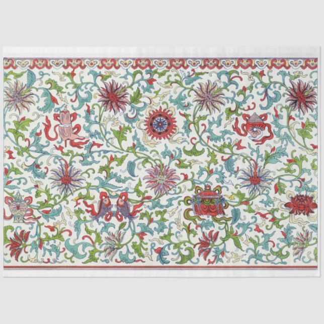 Papel De Seda Tejido de descomposición floral rojo, verde azulad (Anverso)