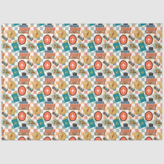 Papel De Seda Tema de viajes de vacaciones de chequeo retro (Anverso)