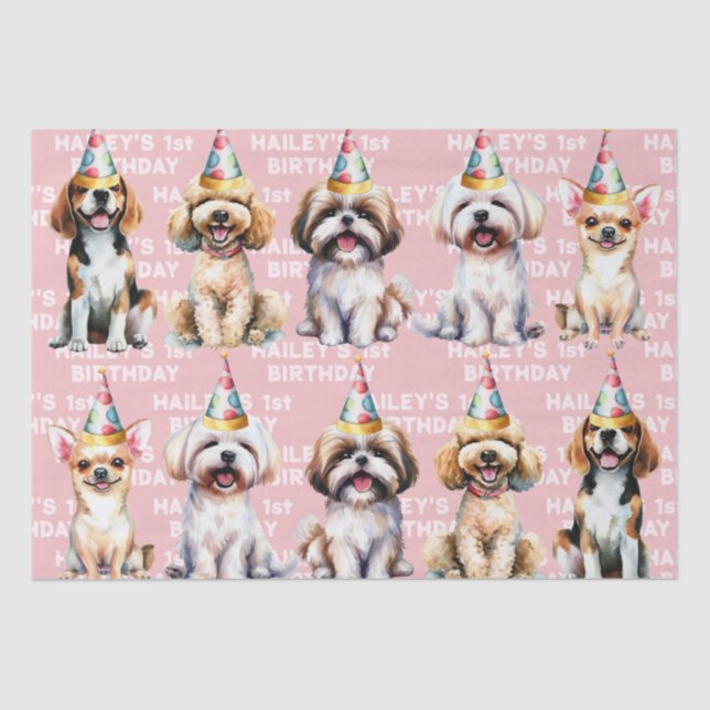 Papel De Seda Tema del perro Fiesta de cumpleaños Rosa (Anverso)