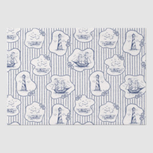 Papel De Seda  Tema marino Barco de faro azul franja blanca  