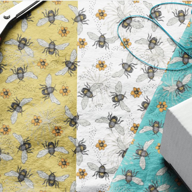 Papel De Seda Tendencia Turquesa Zumbante Abeja Melífera Primave (Cute, happy bees and yellow Cosmos Spring and Summer flowers. In many colors and wrapping paper too )