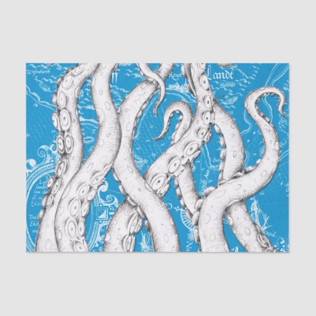 Papel De Seda Tentáculos blancos Octopus Mapa de cosecha Azul Ná (Anverso)