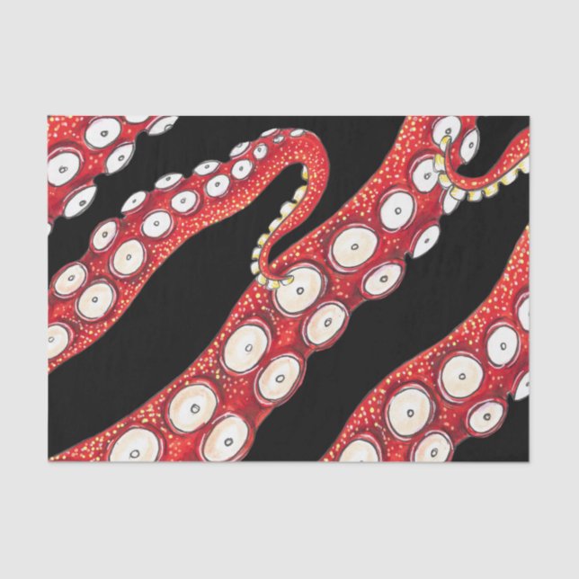Papel De Seda Tentáculos de Octopus de Kraken Rojo Negro (Anverso)