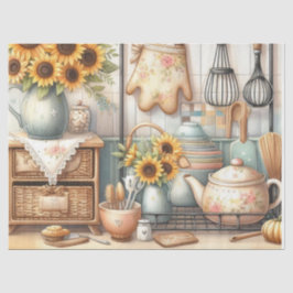 Papel De Seda Tetera Retro y Girasoles Cocina Acuarela